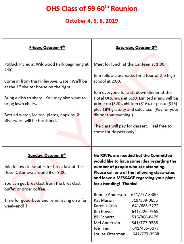 60th Reunion Plans as of Febuary 2019